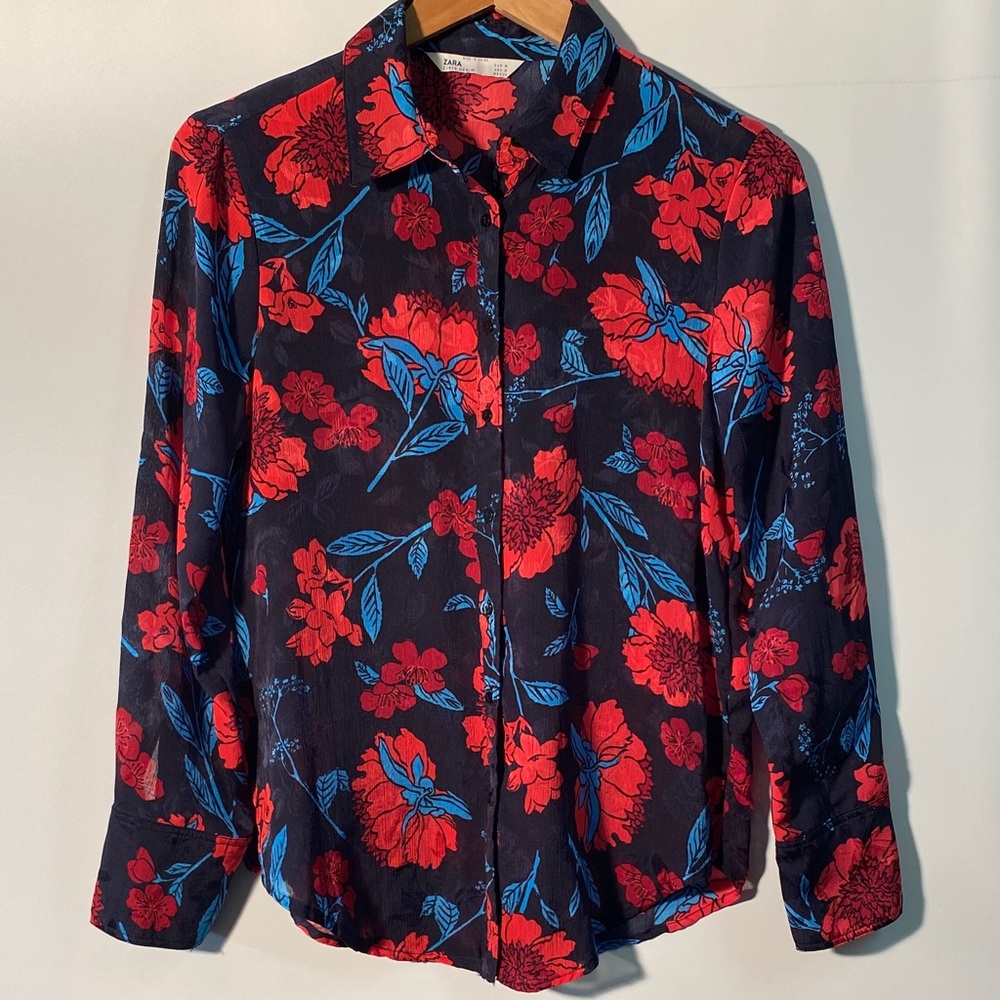 Zara Semi Sheer Red and Blue Floral Blouse